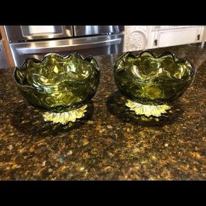 Vintage green scalloped glass pineapple candy bowls (set of 2)